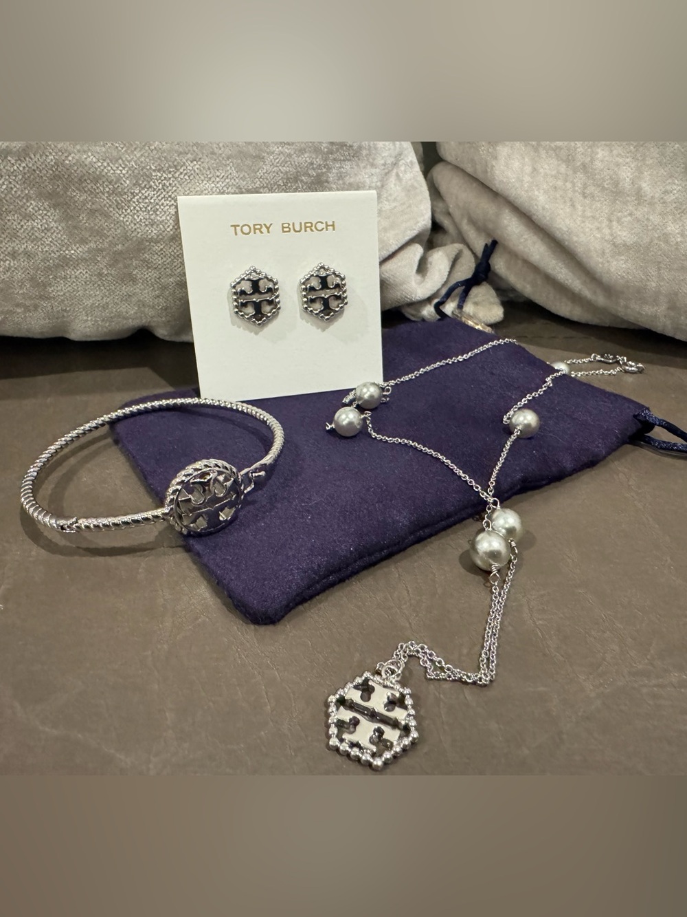 Tory Burch Silver Tone Necklace, Earring and Bracelet Set